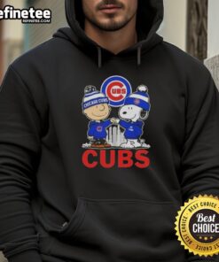 Good Snoopy and Charlie Brown hoodie featuring Chicago Cubs baseball skyline design, perfect for fans.