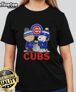 Good Snoopy and Charlie Brown Chicago Cubs baseball skyline ladies tee featuring vibrant graphics and a sporty design.