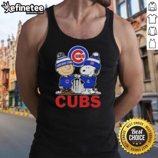Good Snoopy and Charlie Brown Chicago Cubs baseball skyline tank top featuring vibrant graphics and team spirit design.
