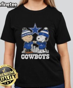 Good Snoopy and Charlie Brown Dallas Cowboys football skyline ladies tee featuring iconic characters and team spirit.