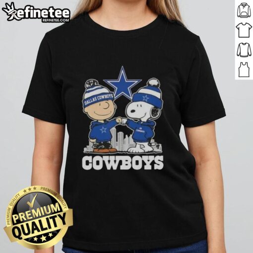 Good Snoopy and Charlie Brown Dallas Cowboys football skyline ladies tee featuring iconic characters and team spirit.