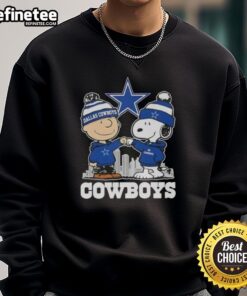 Good Snoopy and Charlie Brown Dallas Cowboys football skyline sweatshirt featuring iconic characters and team colors.