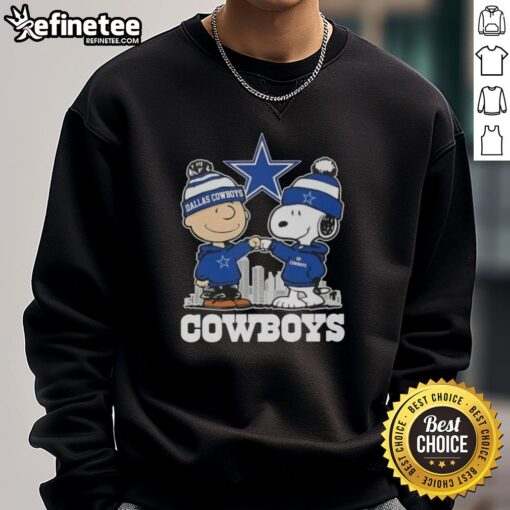 Good Snoopy and Charlie Brown Dallas Cowboys football skyline sweatshirt featuring iconic characters and team colors.