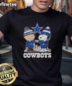 Good Snoopy and Charlie Brown Dallas Cowboys Football Skyline T-Shirt featuring iconic characters and cityscape design.