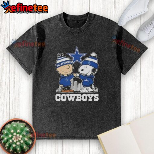 Good Snoopy and Charlie Brown Dallas Cowboys football skyline washed t-shirt featuring iconic characters and team logo.