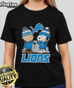 Good Snoopy and Charlie Brown Detroit Lions football skyline ladies tee featuring vibrant graphics and stylish design.