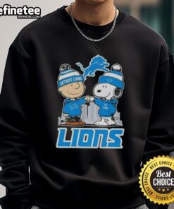 Good Snoopy and Charlie Brown Detroit Lions football skyline sweatshirt featuring iconic characters and city skyline design.
