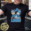 Alt Text: Good Snoopy and Charlie Brown Detroit Lions football skyline t-shirt featuring iconic characters and vibrant city design.