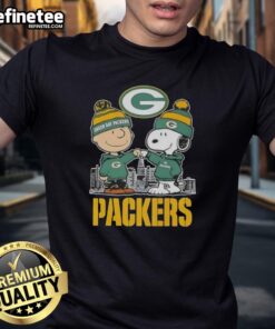 Good Snoopy and Charlie Brown Green Bay Packers football t-shirt featuring a vibrant skyline design for fans.