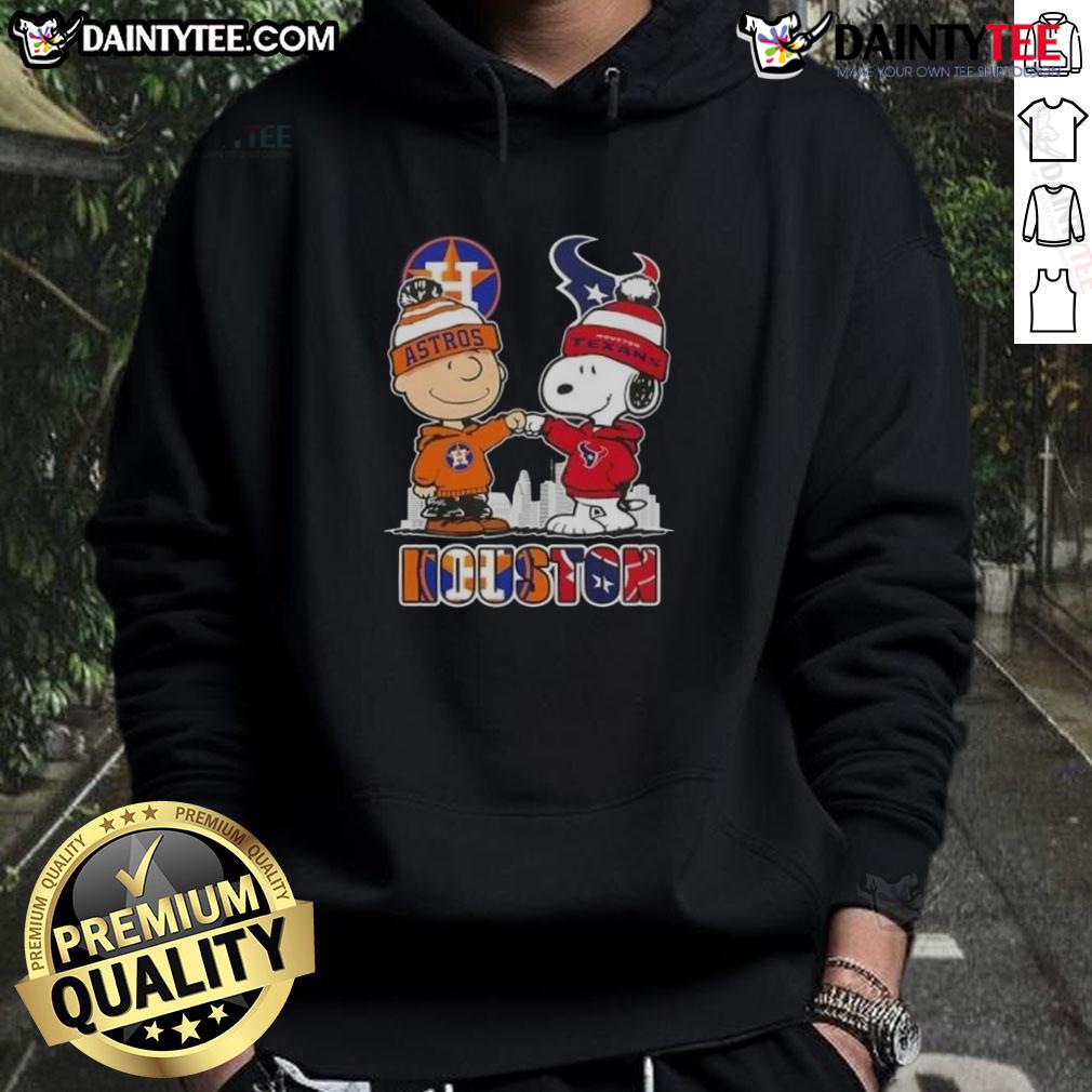 Good Snoopy And Charlie Brown Houston Sports Astros X Texans Skyline Hoodie Alt Text: Cozy hoodie featuring Snoopy and Charlie Brown with Houston skyline, perfect for Astros and Texans fans.