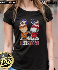 Good Snoopy and Charlie Brown Houston Sports Astros X Texans skyline ladies tee featuring iconic characters and cityscape.