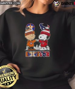 Good Snoopy and Charlie Brown Houston Sports Astros X Texans Skyline Sweatshirt featuring iconic characters and city skyline.