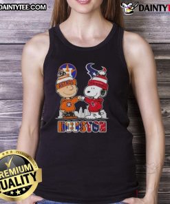 Good Snoopy and Charlie Brown Houston Sports Astros x Texans skyline tank top featuring iconic cartoon characters.