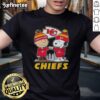 Good Snoopy and Charlie Brown Kansas City Chiefs football skyline t-shirt featuring iconic cartoon characters and team colors.