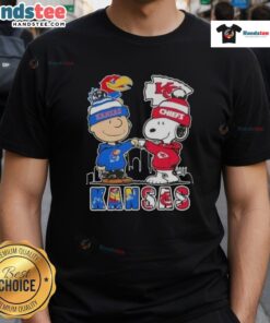 Good Snoopy and Charlie Brown Kansas City Sports Jayhawks X Chiefs skyline t-shirt featuring iconic characters and city skyline.