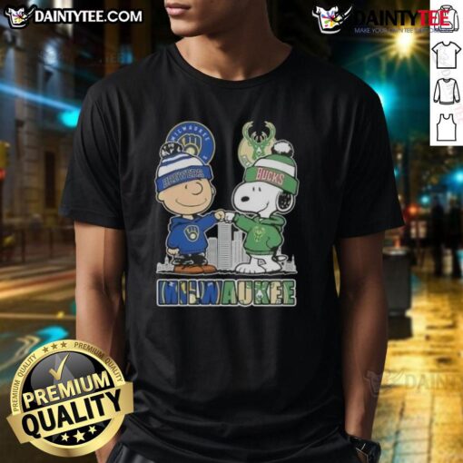 Good Snoopy and Charlie Brown Milwaukee Sports Brewers X Bucks skyline t-shirt featuring iconic cartoon characters.