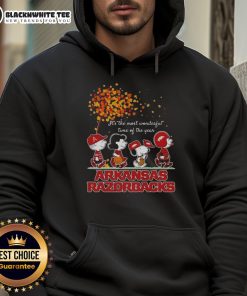 Alt Text: Cozy autumn hoodie featuring Good Snoopy and friends with Arkansas Razorbacks theme, perfect for fall celebrations.
