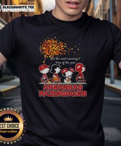 Good Snoopy And Friends Arkansas Razorbacks Autumn T-Shirt featuring festive design for the most wonderful time of the year.