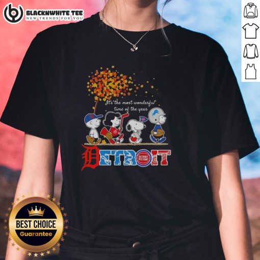 Good Snoopy and Friends Detroit Autumn Ladies Tee featuring festive designs for the most wonderful time of the year.