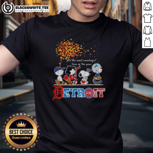 Alt Text: Good Snoopy and Friends Detroit autumn T-shirt featuring festive designs, perfect for the most wonderful time of the year.