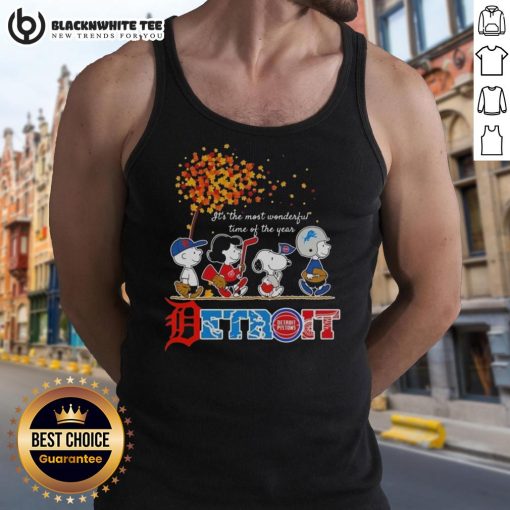 Good Snoopy and Friends Detroit Autumn tank top featuring festive designs for the most wonderful time of the year.