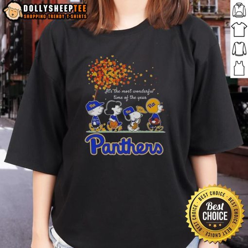 Good Snoopy and Friends Pitt Panthers autumn ladies tee, celebrating the most wonderful time of the year.