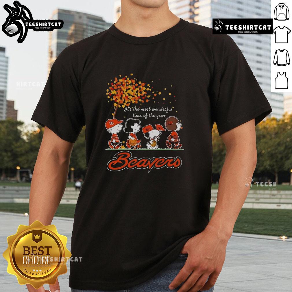 Good Snoopy And Friends X Beavers Sports Team It's The Most Wonderful Time Of The Year Autumn T-Shirt Good Snoopy and Friends X Beavers Sports Team autumn t-shirt featuring festive designs, perfect for the most wonderful time of the year.