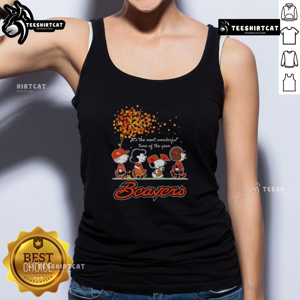 Good Snoopy And Friends X Beavers Sports Team It's The Most Wonderful Time Of The Year Autumn Tank Top Alt Text: Good Snoopy and Friends X Beavers Sports Team autumn tank top, perfect for celebrating the most wonderful time of the year.