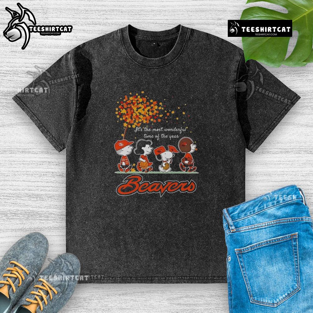 Good Snoopy And Friends X Beavers Sports Team It's The Most Wonderful Time Of The Year Autumn Washed T-Shirt Good Snoopy and Friends X Beavers sports team autumn washed t-shirt, perfect for celebrating the season's festivities.