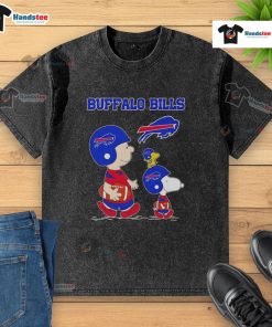 Good Snoopy and Friends x Buffalo Bills NFL football lover washed t-shirt featuring iconic cartoon characters.