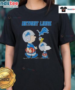 Alt Text: Good Snoopy and Friends X Detroit Lions NFL football lover ladies tee featuring playful Snoopy design and team colors.