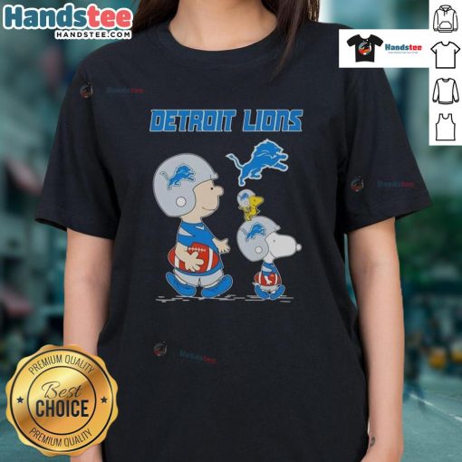 Alt Text: Good Snoopy and Friends X Detroit Lions NFL football lover ladies tee featuring playful Snoopy design and team colors.