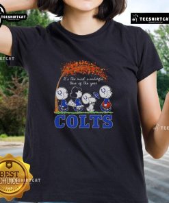 Alt Text: Good Snoopy and Friends X Indianapolis Colts Autumn ladies tee celebrating the most wonderful time of the year.