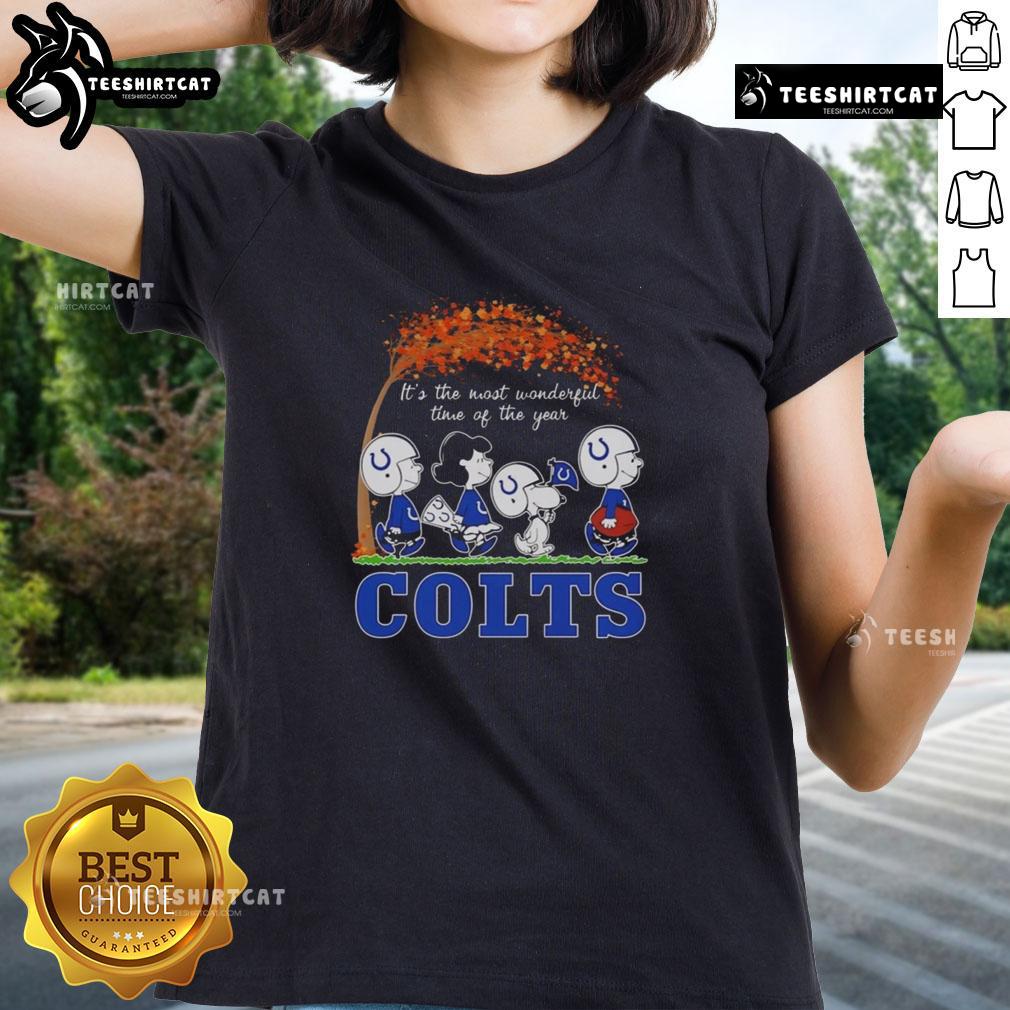 Good Snoopy And Friends X Indianapolis Colts Sports Team It's The Most Wonderful Time Of The Year Autumn Ladies-Tee Alt Text: Good Snoopy and Friends X Indianapolis Colts Autumn ladies tee celebrating the most wonderful time of the year.