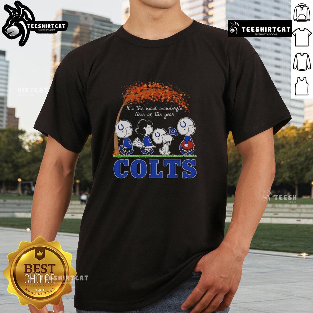 Good Snoopy And Friends X Indianapolis Colts Sports Team It's The Most Wonderful Time Of The Year Autumn T-Shirt Good Snoopy And Friends X Indianapolis Colts autumn t-shirt featuring festive design for football fans celebrating the season.