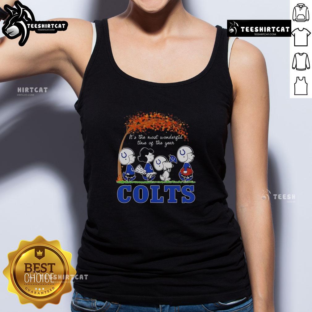 Good Snoopy And Friends X Indianapolis Colts Sports Team It's The Most Wonderful Time Of The Year Autumn Tank Top Good Snoopy and Friends X Indianapolis Colts autumn tank top featuring festive designs for the holiday season.