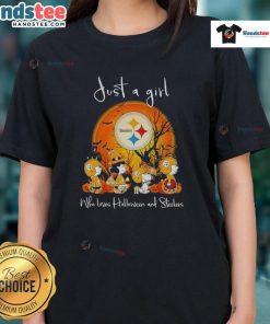 Alt Text: Good Snoopy and Friends X Pittsburgh Steelers tee for ladies, celebrating Halloween and Steelers spirit.