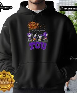 Alt Text: Cozy autumn hoodie featuring Snoopy and friends supporting TCU Horned Frogs sports team, perfect for fall celebrations.