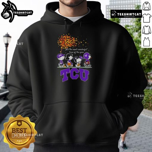 Alt Text: Cozy autumn hoodie featuring Snoopy and friends supporting TCU Horned Frogs sports team, perfect for fall celebrations.