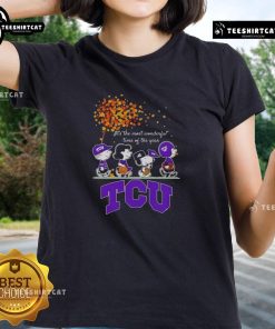 Good Snoopy and Friends TCU Horned Frogs autumn ladies tee, celebrating the most wonderful time of the year.