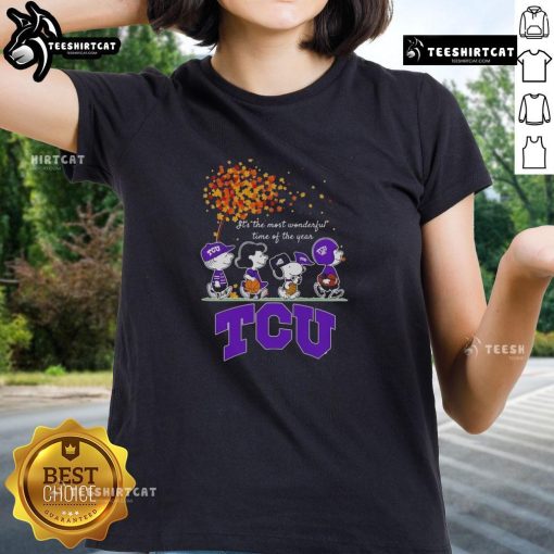 Good Snoopy and Friends TCU Horned Frogs autumn ladies tee, celebrating the most wonderful time of the year.