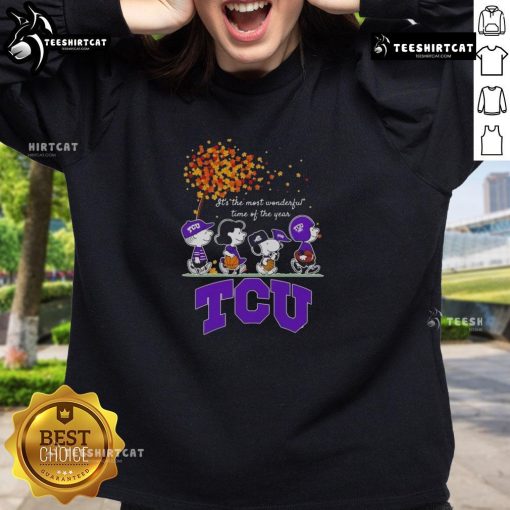 Good Snoopy and Friends TCU Horned Frogs sweatshirt celebrating autumn sports season, perfect for fans and cozy wear.