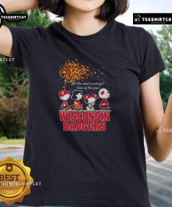 Good Snoopy and Friends x Wisconsin Badgers autumn ladies tee, celebrating the most wonderful time of the year.