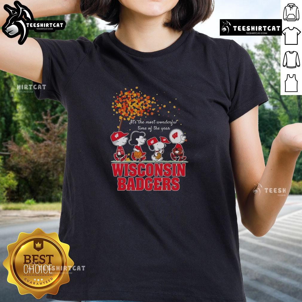 Good Snoopy And Friends X Wisconsin Badgers Sports Team It's The Most Wonderful Time Of The Year Autumn Ladies-Tee Good Snoopy and Friends x Wisconsin Badgers autumn ladies tee, celebrating the most wonderful time of the year.