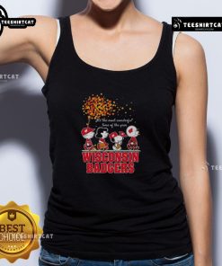 Good Snoopy and Friends x Wisconsin Badgers sports team autumn tank top for fall celebrations and game day style.