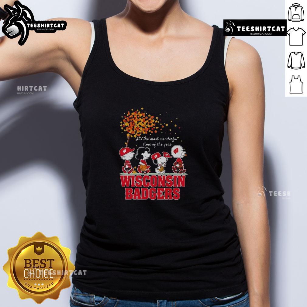 Good Snoopy And Friends X Wisconsin Badgers Sports Team It's The Most Wonderful Time Of The Year Autumn Tank Top Good Snoopy and Friends x Wisconsin Badgers sports team autumn tank top for fall celebrations and game day style.