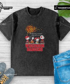 Good Snoopy and Friends x Wisconsin Badgers autumn washed t-shirt, perfect for sports fans celebrating the season.