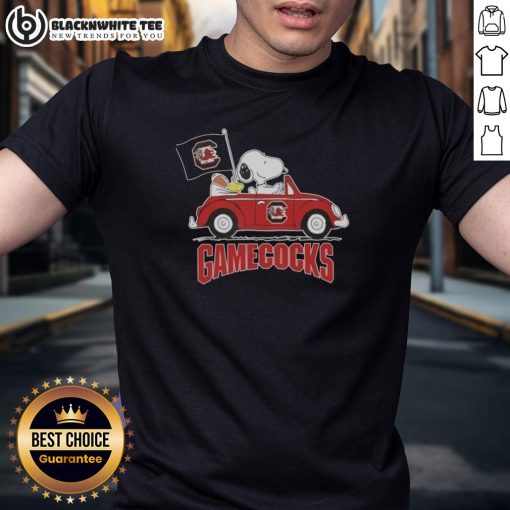 Good Snoopy driving a car on a South Carolina Gamecocks football t-shirt design, perfect for fans and casual wear.