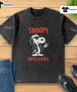 Good Snoopy Rock and Roll washed t-shirt featuring a playful Snoopy graphic, perfect for casual wear and music lovers.