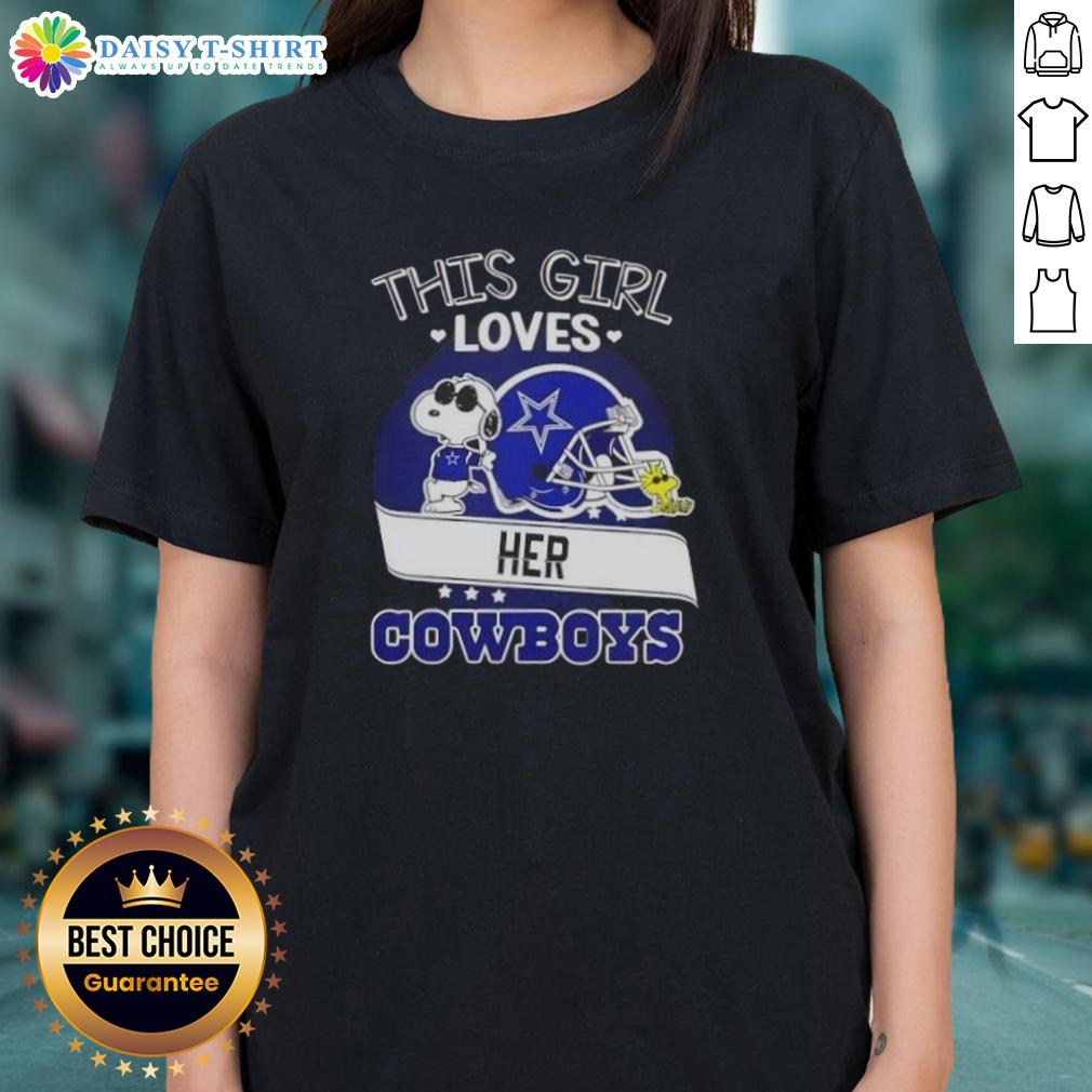Good Snoopy This Girl Loves Her Dallas Cowboys Football Helmet Ladies Tee Girl wearing a Dallas Cowboys football helmet tee, showcasing love for her team with a cute Snoopy design.